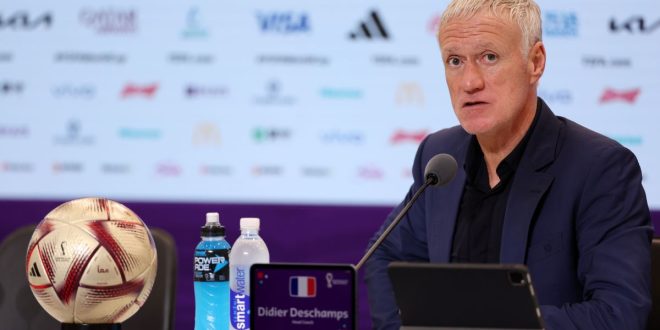 France manager Didier Deschamps during a press conference after France beat Morocco 2-0 in the semi-finals of the FIFA World Cup 2022 in Qatar