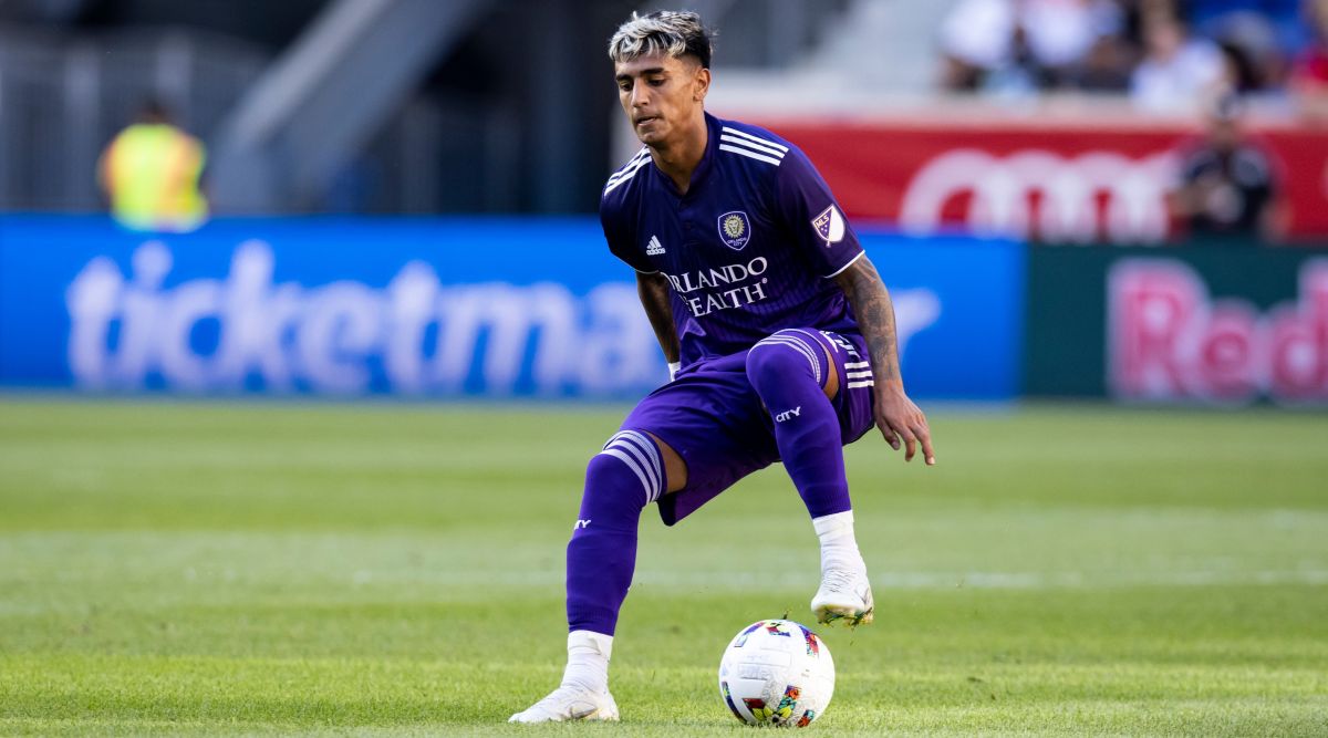 Facundo Torres of Orlando City controls the ball during the MLS match between New York Red Bulls and Orlando City on 13 August, 2022 at the Red Bull Arena in Harrison, New Jersey, United States.
