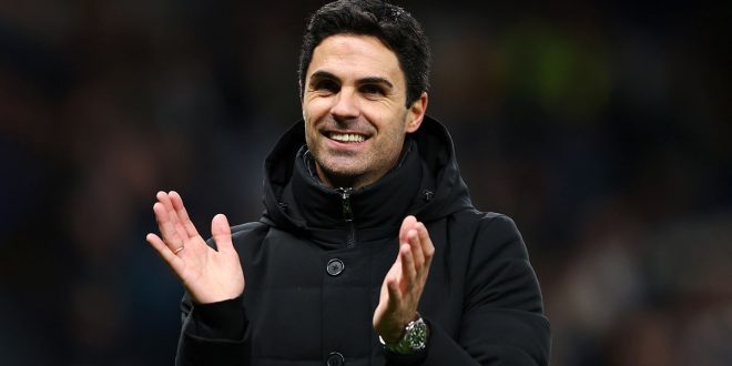 Arsenal manager Mikel Arteta celebrates the win after the Premier League match between Tottenham Hotspur and Arsenal FC at Tottenham Hotspur Stadium on January 15, 2023 in London, United Kingdom.