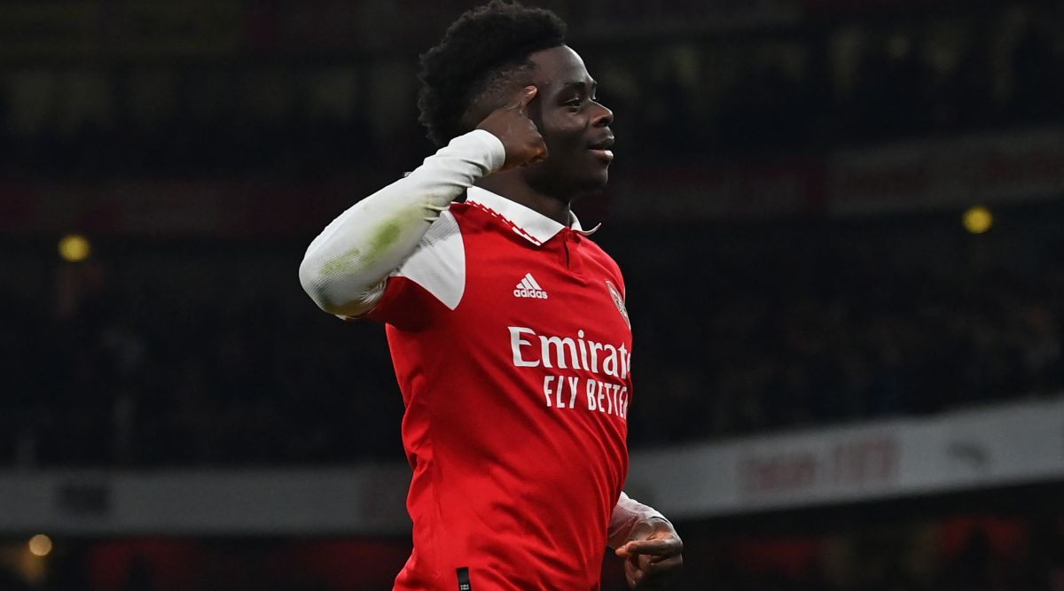 Bukayo Saka of Arsenal celebrates after scoring his team
