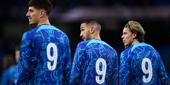 Chelsea players wearing the number 9 shirt in the warm-up ahead of their FA Cup clash against Manchester City in a tribute to their former player and manager Gianluca Vialli following his recent death.
