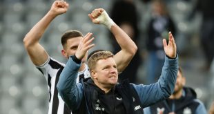 Newcastle United manager Eddie Howe celebrates victory after the Premier League match between Newcastle United and Fulham on 15 January, 2023 at St. James