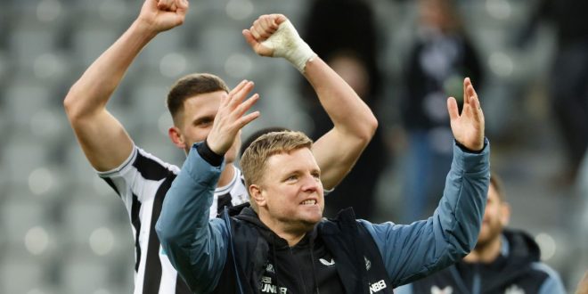 Newcastle United manager Eddie Howe celebrates victory after the Premier League match between Newcastle United and Fulham on 15 January, 2023 at St. James