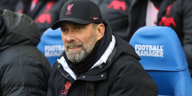 Liverpool manager Jurgen Klopp looks on from the bench during the Premier League match between Brighton & Hove Albion and Liverpool on 14 January, 2023 at the Amex Stadium in Falmer, United Kingdom.
