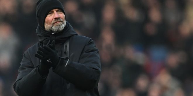 Liverpool manager Jurgen Klopp applauds the supporters after the Premier League match between Liverpool and Chelsea on 21 January, 2023 at Anfield in Liverpool, United Kingdom.