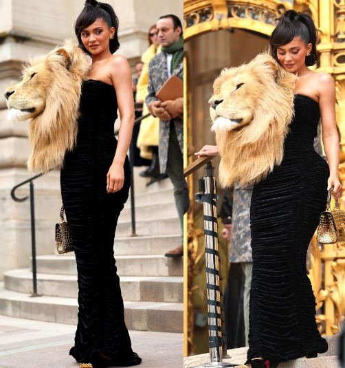 Kylie Jenner wears lion head dress at the Schiaparelli Fashion show in Paris (photos/video)