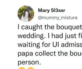 Lady reveals what her father did after she caught the bouquet at her brother