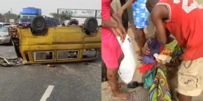 Passengers injured as commercial bus upturns along Lagos-Ibadan Expressway (video)