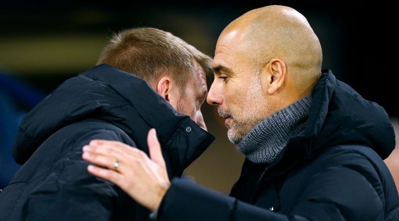 Pep Guardiola shares a word with Graham Potter during Manchester City