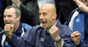 Gianluca Vialli celebrates victory after the AXA FA Cup Final 2000 Match against Aston Villa at Wembley Stadium, London, England. Chelsea won 1-0.
