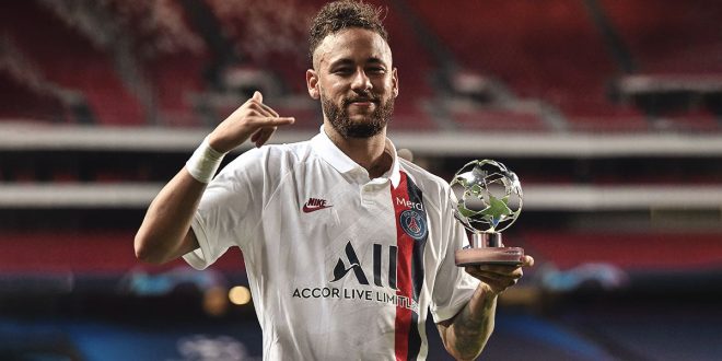 Neymar of Paris Saint-Germain poses for a photo with his UEFA Champions League Man of the Match award after the UEFA Champions League Quarter Final match between Atalanta and Paris Saint-Germain at Estadio do Sport Lisboa e Benfica on August 12, 2020 in Lisbon, Portugal.