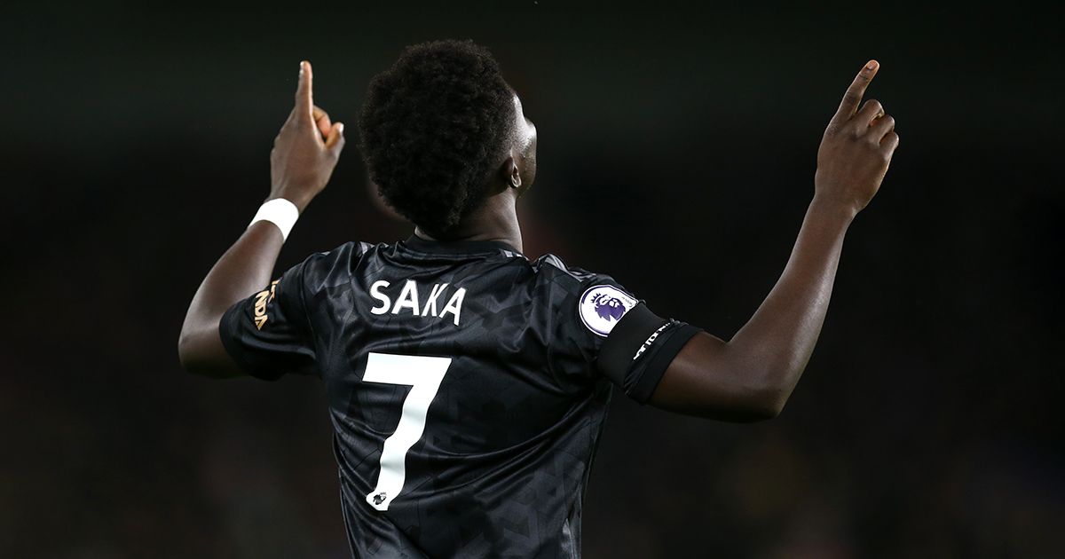 Bukayo Saka of Arsenal celebrates after scoring the team