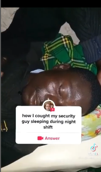 Startled security guard makes awkward sound after being woken by his employer while sleeping on duty (video)