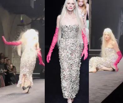 Supermodel Kristen McMenamy falls on runway at Valentino fashion show (video)
