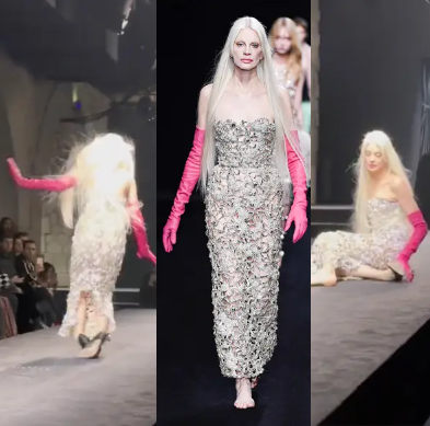 Supermodel Kristen McMenamy falls on runway at Valentino fashion show (video)
