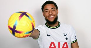 Arnaut Danjuma poses with a football after signing for Tottenham Hotspur on 25 January, 2022 at the Hotspur Way training ground in Enfield, United Kingdom.