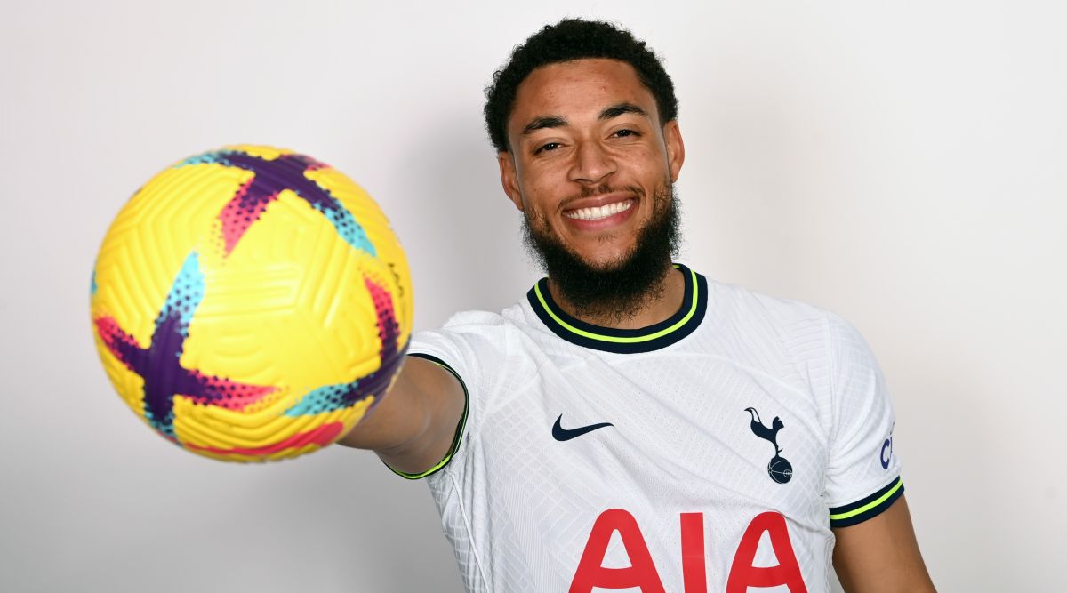 Arnaut Danjuma poses with a football after signing for Tottenham Hotspur on 25 January, 2022 at the Hotspur Way training ground in Enfield, United Kingdom.