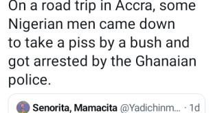 Twitter user claims Ghana police arrested some Nigerian men for urinating in a bush in Accra