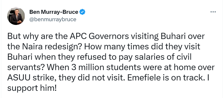 APC Governors never visited Buhari over ASUU strike and salaries owed to civil servants but are now visiting over Naira redesign - Ben Bruce