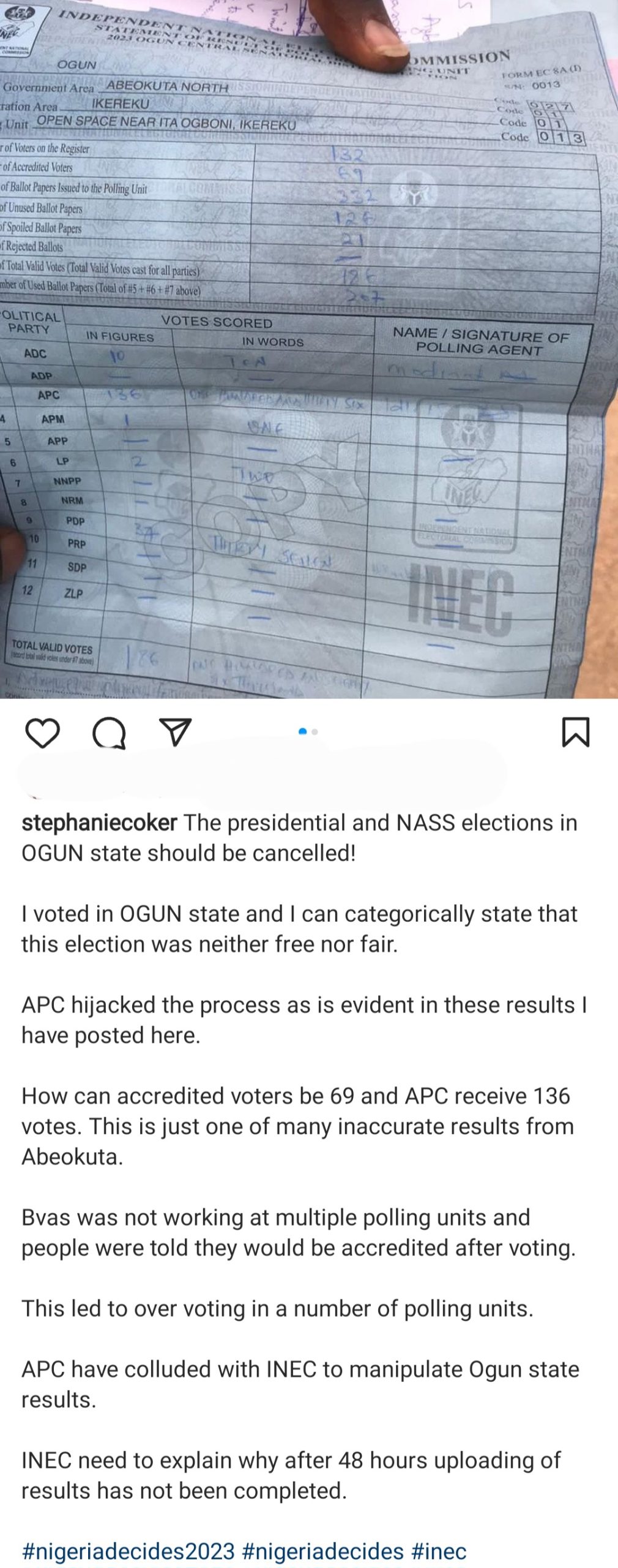 "APC have coluded with INEC to manipulate Ogun State results" Media personality Stephanie Coker calls for Ogun State elections to be cancelled