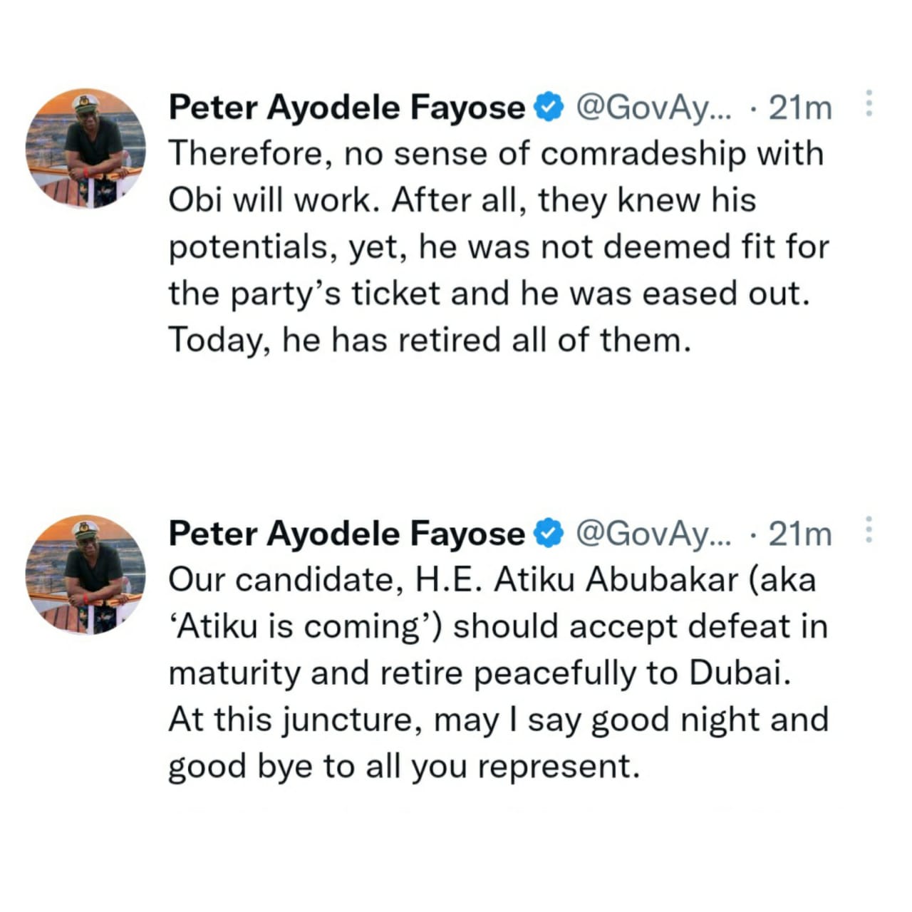 Accept defeat in maturity and retire peacefully to Dubai - Ayo Fayose tells PDP Presidential candidate,  Atiku Abubakar as he drags his own Party and praises Peter Obi and Labour Party