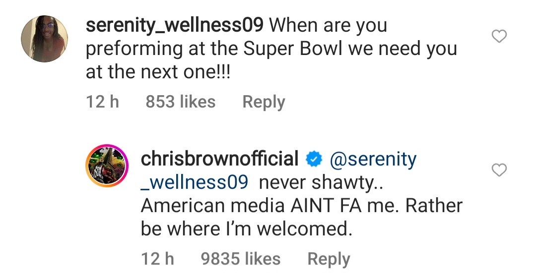 "America media isn't for me" Chris Brown says as he reveals he will never perform at Superbowl moments after ex-girlfriend Rihanna performed