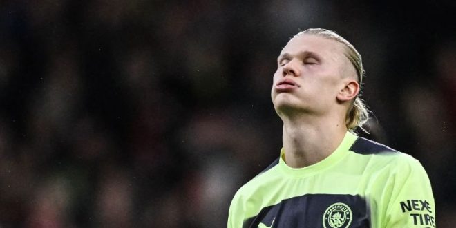 Erling Haaland looks dejected at the final whistle after Manchester City are held 1o a 1-1 draw by Nottingham Forest.