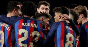 Barcelona players celebrate one of their goals in the 3-0 win over Sevilla at Camp Nou in February 2023.