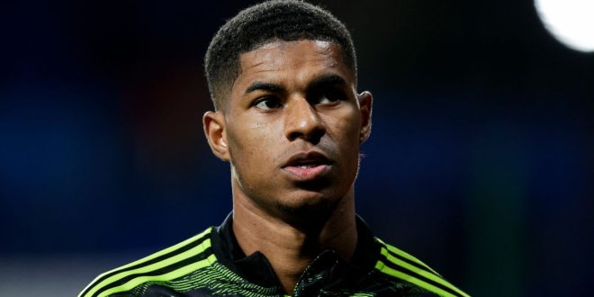 Marcus Rashford of Manchester United warms up prior to the UEFA Europa League group match between Real Sociedad and Manchester United at the Reale Arena in San Sebastian, Basque Country, Spain on 3 November, 2022.