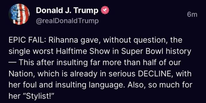 Donald Trump slams Rihanna's Super Bowl Performance
