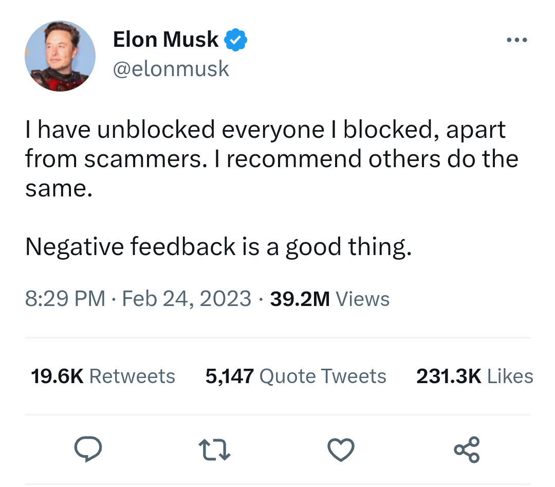 Elon Musk unblocks everyone on Twitter, calls negative feedback a good thing