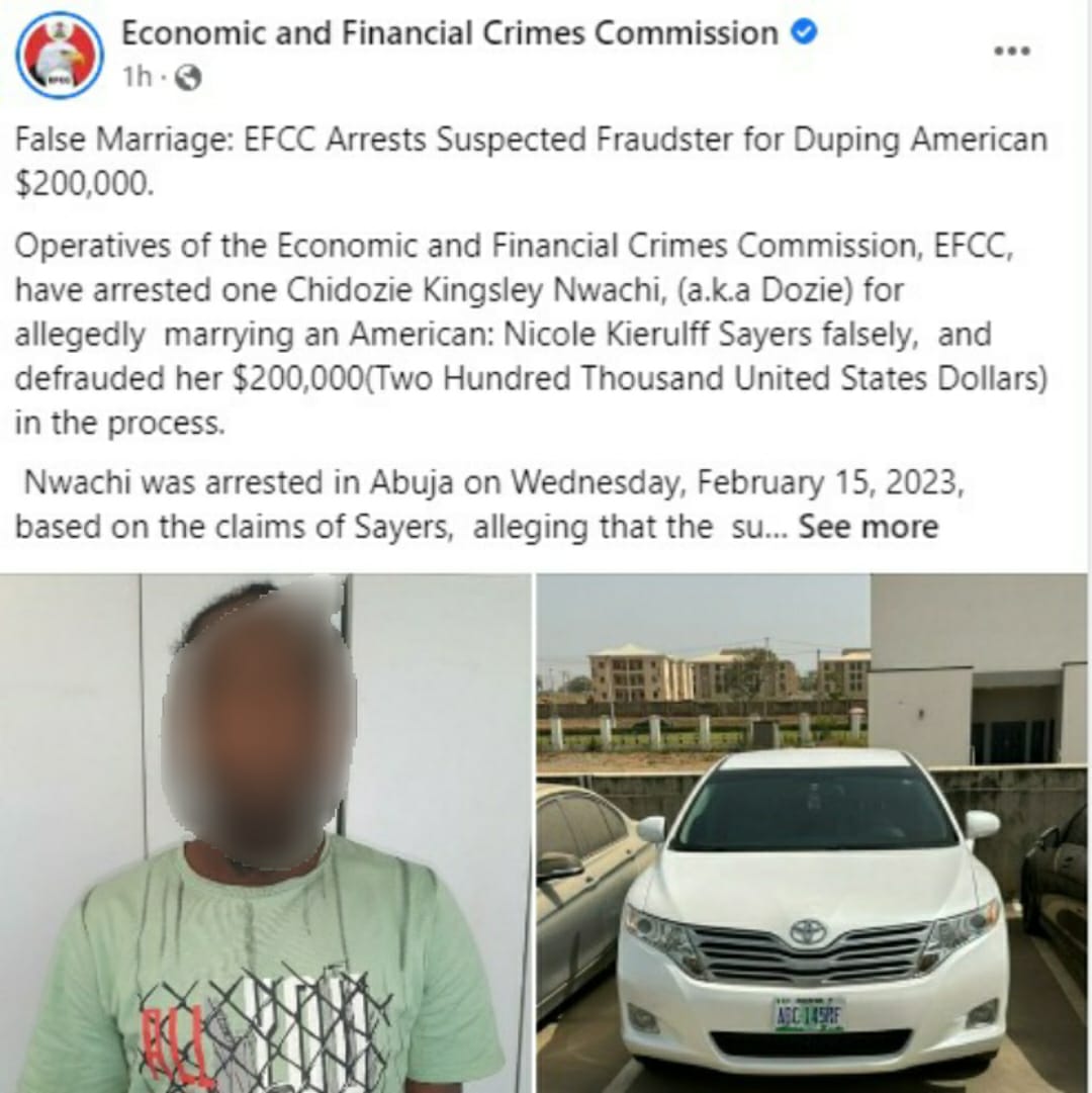 False marriage: EFCC arrests suspected fraudster for duping American $200,000 (photos)