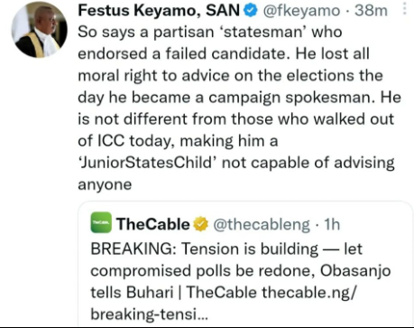 He lost all moral right to advice on the elections the day he became a campaign spokesman - Festus Keyamo slams Obasanjo for kicking against the outcome of the election