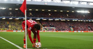 Liverpool right-back Trent Alexander-Arnold places the ball on the corner during the UEFA Champions League Semi Final Leg One match between Liverpool and Villarreal at Anfield on April 27, 2022 in Liverpool, England.