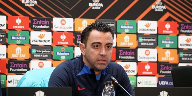 Barcelona manager Xavi speaks to the media during a press conference on 15 February, 2023 ahead of the Europa League knockout round play-off match between Barcelona and Manchester United in Barcelona, Catalonia, Spain.
