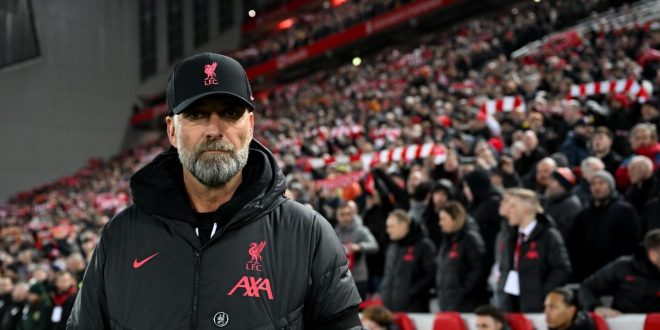 Liverpool manager Jurgen Klopp looks on during the Premier League match between Liverpool and Everton at Anfield in Liverpool, United Kingdom on 13 February, 2023.