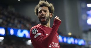 Liverpool star Mohamed Salah celebrates scoring his third goal during the UEFA Champions League group A match between Rangers FC and Liverpool FC at Ibrox Stadium on October 12, 2022 in Glasgow, United Kingdom.