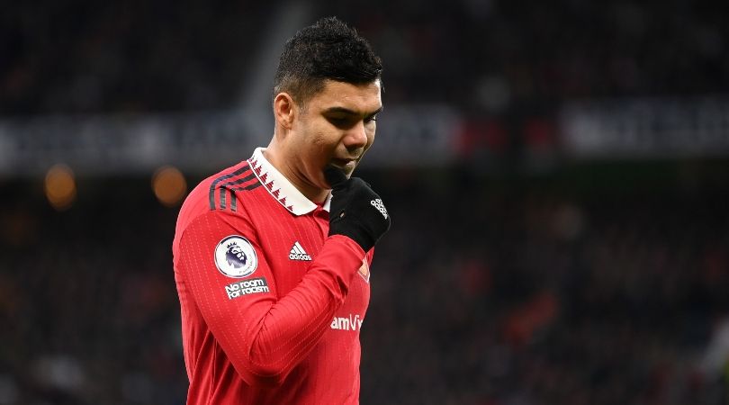 Casemiro reacts after his red card in Manchester United