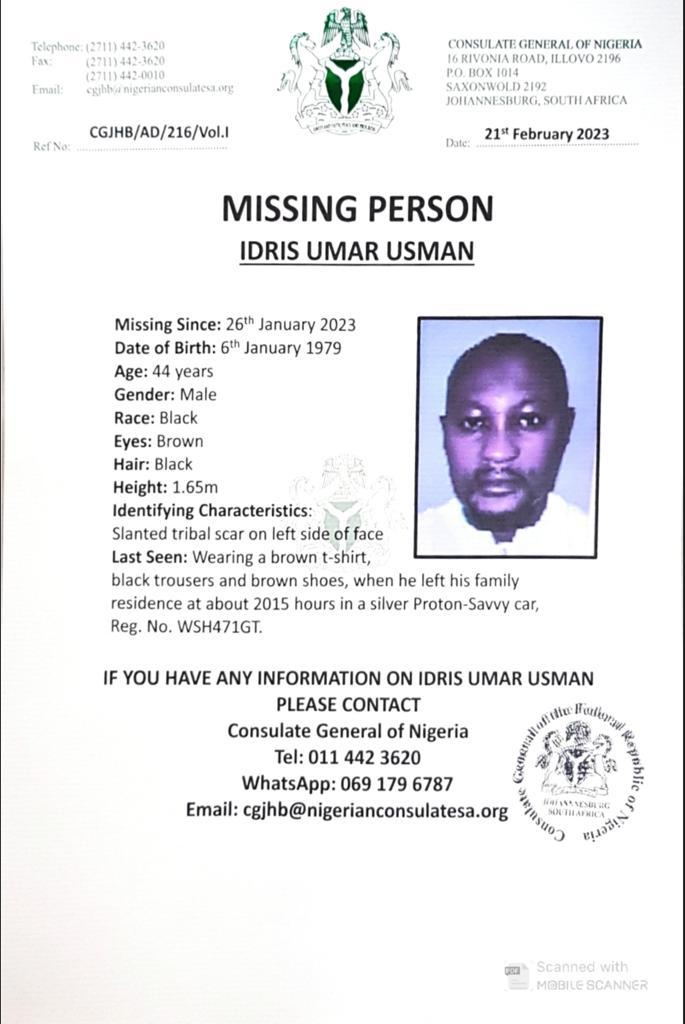 Nigerian man declared missing in South Africa