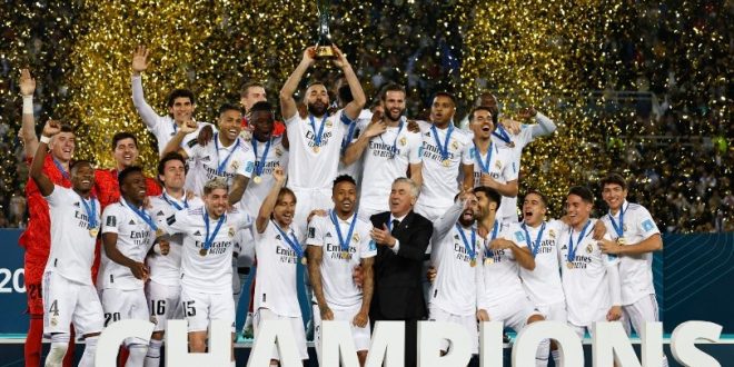 Real Madrid players celebrate with the trophy after winning the FIFA Club World Cup in Morocco in February 2023.