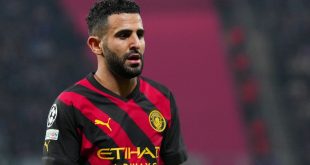 Riyad Mahrez of Manchester City looks on during the UEFA Champions League last 16 first leg match between RB Leipzig and Manchester City at the Red Bull Arena on 22 February, 2023 in Leipzig, Germany.