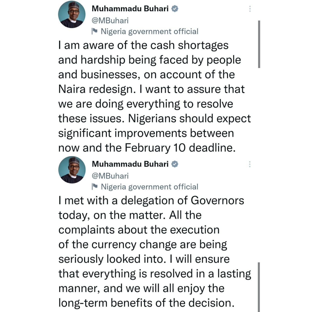 Scarcity of cash: Nigerians should expect significant improvements between now and the February 10 deadline - President Buhari