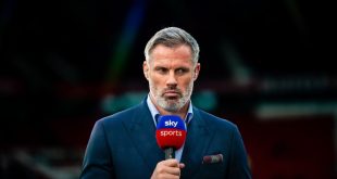 Jamie Carragher broadcasts ahead of the Premier League match between Manchester United and Liverpool FC at Old Trafford on August 22, 2022 in Manchester, England.