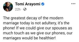 "The greatest decay of modern marriage today is not adultery, it?s the phone" - UK-based Nigerian pastor says
