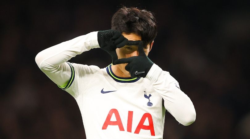 Heung-min Son celebrates after scoring for Tottenham against West Ham in February 2023.