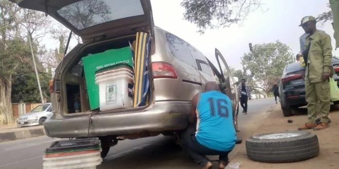 Vehicle conveying election materials breaks down in Enugu (photos)