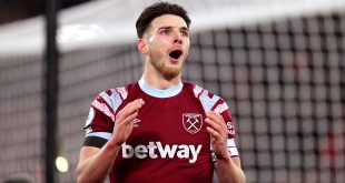 Arsenal target Declan Rice reacts during the Premier League match between West Ham United and Everton FC at London Stadium on January 21, 2023 in London, England.