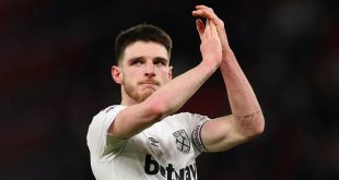 Arsenal target Declan Rice looks dejected during the Emirates FA Cup Fifth Round match between Manchester United and West Ham United at Old Trafford on March 1, 2023 in Manchester, England.