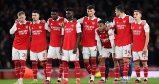 Arsenal players look on during the penalty shootout in the UEFA Europa League last 16 second leg match between Arsenal and Sporting Lisbon at the Emirates Stadium on March 16, 2023 in London, United Kingdom.