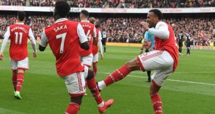 Bukayo Saka celebrares after scoring for Arsenal